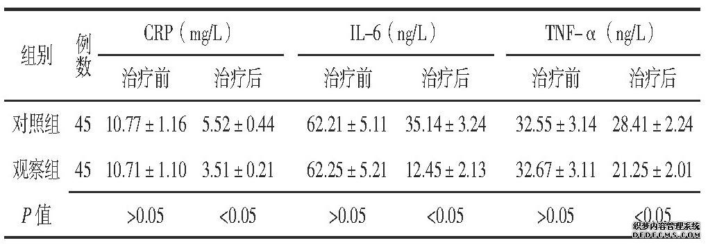 表2 两组患儿治疗前后CRP、IL-6、TNF-α水平比较 (?±s)